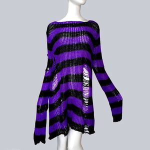 Punk Gothic Long Unisex Sweater Dress Cool Hollow Out Hole Broken Jumper Loose Rock Thin Sweater Women Man Striped Wild 210610