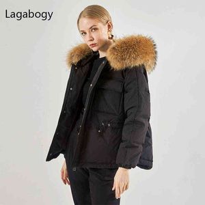 Lagabogy Winter Coat Kvinnor Enorma Real Natural Fur Vattentät Varm Parka Kvinna 90% Vit Duck Down Jacket Hooded Outwear 211130