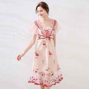 women fashion Sweet flower embroidery casual midi dress female High quality Lace-up V-neck vestido chic party dresse 210529