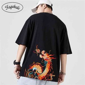 Yaz Çin Dragon Totem Trend Marka Gevşek Pamuk Yuvarlak Boyun Kısa Kollu T-Shirt Erkekler Casual Yarım 210716