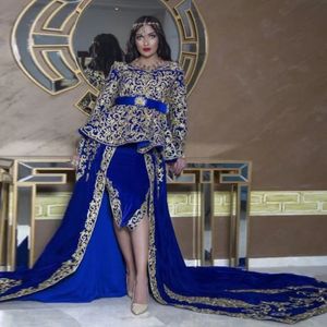 Kraliyet Mavi Veet Fas Kaftan Gece Elbise Uzun Kollu Altın Dantel Plus Boyutu Resmi Prom OCN Elbise Özel Yapımı