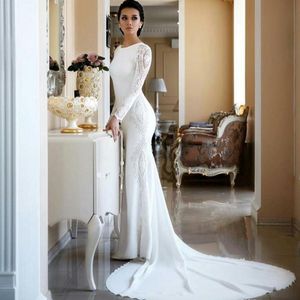 Sukienki na co dzień eleganckie suknie ślubne Vestido De Noiva Mermaid Bridal białe koronkowe guziki z tyłu pełne rękawy Abiye Robe Mariee