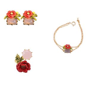 Brincos colar de rosa vermelho esmalte o anel de bracelete de bracelete Jóias por atacado para mulher 2021 Trend Vintage