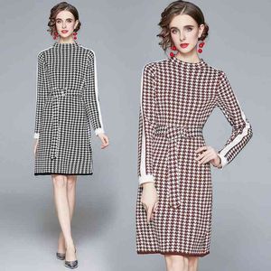 spring Autumn winter Fashion Lady Knitted Dress O neck Houndstooth Casual Knitting A line 210531