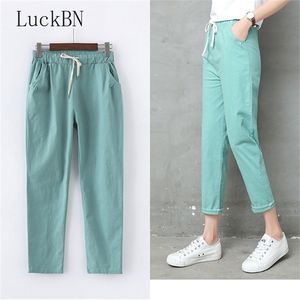 Autumn Cotton Linen Pant Candy Color Casual Loose Harem for Ankle Length Trousers Female Elastic Waist Pant 210915