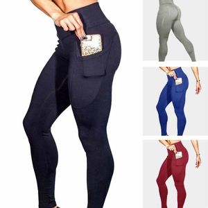 Yogaoutfit Kvinnor Sömlös Sport Mobiltelefon Pocket Leggings Enfärgad Hög elastisk Fitness Höftlyftande Midjebyxor