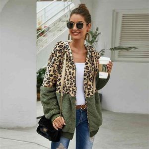 Jesień zima Leopard bluza z długim rękawem z kapturem kapturem Casual Zipper Hoodie Top Ciepły Płaszcz Polerony Mujer 210816