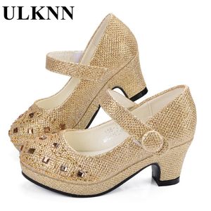 ULKNN Girl Shoes For Kids High Heel Platforms Leather Rhinestones Party Dress Children Shoes Kids Suit Soft Insole Silver Gold 210306