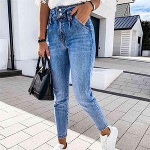 Kvinnors Blue High Waist Pencil Jeans Slim Button Fickor Ladies Denim Byxor Vår Vintage Streetwear Trouser Kvinna Bottom 210730