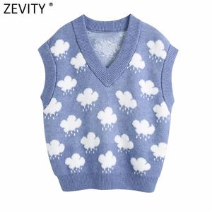 Zevity 여성 패션 V 넥 클라우드 패턴 뜨개질 스웨터 여성 민소매 캐주얼 슬림 조끼 세련된 레저 풀오버 탑 S669 210918