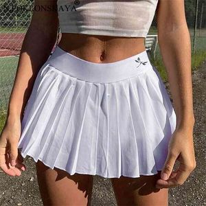 Pläterad kjol sommar hög midja mini kvinnors mode Slim Street White Solid S Y2K 210621