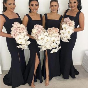 2021 Siyah Mermaid Nedime Elbiseleri Kare Yan Bölünmüş Sweep Tren Düğün Konuk Partisi Törenlerinde Onur Elbise Basit Özel Ucuz