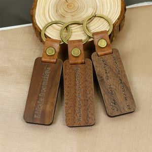 U&I Wholesale Blank Wood Keychain Custom Carving Metal Key Ring Straps PU Leather Wooden Keychains