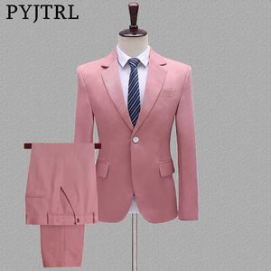 PYJTRL Mens Two-piece Set Wedding Groom Groomsman Suits Yellow Pink Blue Khaki Stage Singers Costume Latest Coat Pant Designs X0909