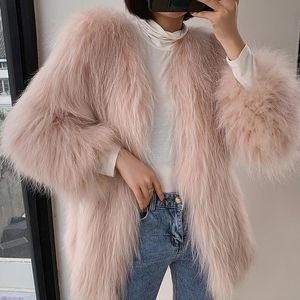 Kvinnors Fur Faux Lucyever 2021 Mode Vinter Rosa Furry Long Leather Coat Elegant V-Neck Lyxig Kort Tjock Varm