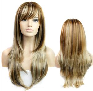 Nytt modelångt blont markerat brunt syntetiskt raka peruk kvinnors hår peruk för livet cosplay