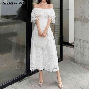 White Elegant Dress Woman Summer Slash Neck High Waisted Bodycon Female Lace Party Birthday es for Women Clothing L 210603