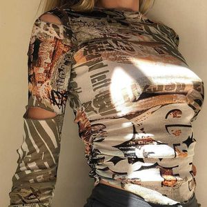 Kış Güz Yığılmış Kesim Delik Kadın Tshirt Gotik Sokak Moda Savaşı Desen Grafik Kırpma Casual Temel Tees Kadın 210709 Tops