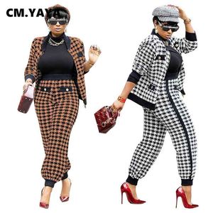 CM.YAYA Houndstooth Patchwork Dois 2 Parte Set para Mulheres Vintage Fitness Outfits Casaco + Calças Set Streetwear Tracksuit 210709