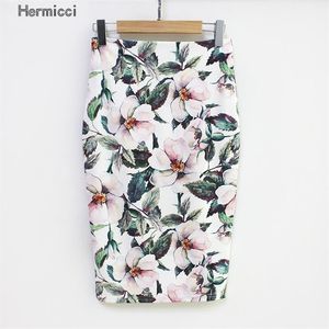 Hermicci estilo de verão lápis saia mulheres cintura alta saia verde vintage elegante bodycon floral impressão midi saia 210310