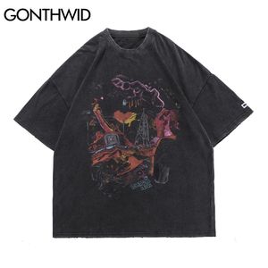 Gonthwid ponadgabarytowe koszulki Hip Hop Traved Graffiti Punk Rock Gothic Tee Shirts Streetwear Harajuku Hipster Krótki rękaw TOP 210706