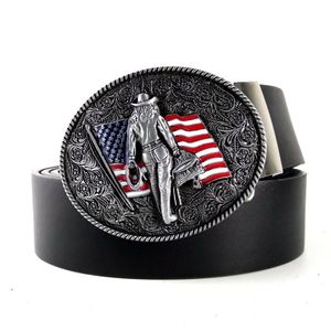 Belts Vintage Mens High Quality Black Faux Leather Belt With American Flag Western Country Cowboy Clip Metal Buckle For Men Jeans