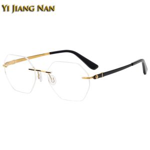 Fashion Sunglasses Frames Women Hexagon Pure Titanium Optical Rimless Eyewear Lightweight Flexible Prescription Glasses Frame Men Eyeglasses