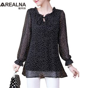 Kimono Artı Boyutu 5XL Şifon Polka Dot Bluz Kadınlar Uzun Kollu Giyim Kore Moda Ön Kravat kadın Tunik Gömlek Tops 210225