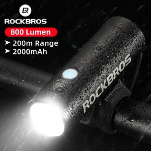 ABD Yerel Teslimat Rockbros Bisiklet Ön Işık Yağmur Geçirmez USB Şarj Edilebilir Bisiklet Işıkları 800LM Bisiklet Far LED 2000 mAh Feneri MTB Lambası