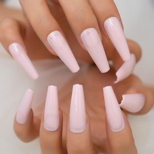 False Nails Fake Long Press On Tapered Square Soft Pink Pure Solid Color Glossy Artificial Nail Tips Reusable Faux Ongles 24pcs