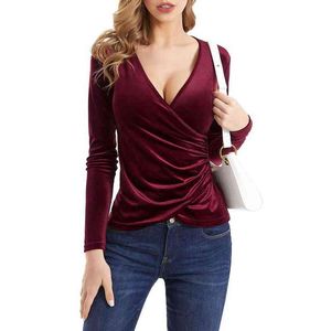 40 # Women Velvet Bluzka Deep V Neck Harajuku Z Długim Rękawem Unikalne Koszule Cross Wrap Sexy Slim Fit Tee Top Elegant Bluzki H1230