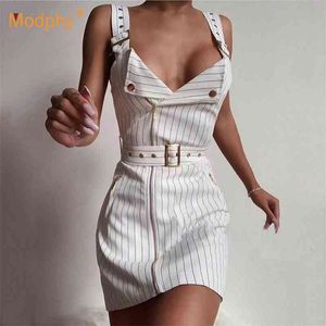 Women Sexy V-Neck Sleeveless Stripe Slim Summer Spaghetti Strap Dress Female Fashion Belt Mini Vestidos 210527
