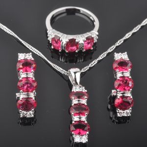 Earrings & Necklace Fancy Red Stone Cubic Zirconia Women's Silver Color Jewelry Sets Earrings/Pendant/Necklace/Rings QZ0155