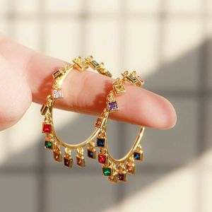 Exquisite Elegant Multicolor Square Cubic Zircon Yellow Gold Color Women Round Big Hoop Earrings with Charms CZ829 210714