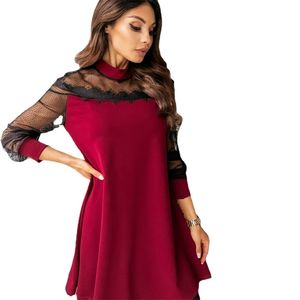 Spring Lace Long Sleeve Patchwork A-Line Dress Casual Loose Round Neck Black Red Elegant es for Women Sexy Mini Mesh 210604