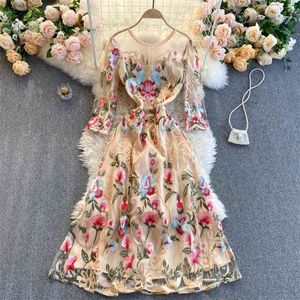 Women Fashion Round Neck Long Sleeve Slim Mesh Embroidery Crochet Elegant A-line Dress Harajuku Vintage Vestidos R280 210527
