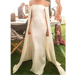 Elegant Arabic Sheath Formal Evening Dresses With Cape Strapless Ivory Satin Off Shoulder Floor Length Prom Party Gowns Vestido De Noite