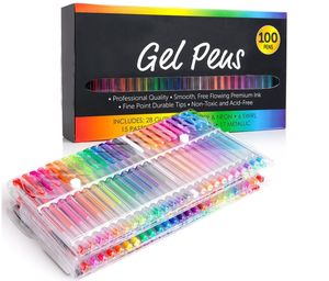 100 Renkler Yaratıcı Flaş Jel Kalemler Seti, Yetişkin Boyama Kitapları için Glitter Jel Kalem Dergiler Çizim Doodling Sanat İşaretleyiciler