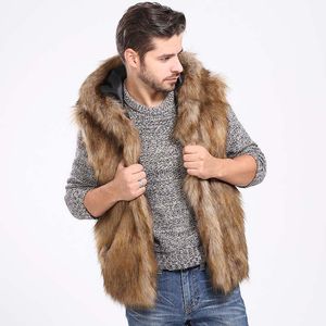 Men's Vests Winter Thicken Warm Men Hairy Faux Fur Vest Hoodie Hooded Waistcoats Sleeveless Pockets Coat Outerwear Jackets Plus 3X 6Q20411