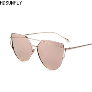 Solglasögon 2021 Kattögon Kvinnor Märke Designer Mode Twin-Beams Rose Gold Spegel Flat Cateye Solglasögon för Kvinna UV400