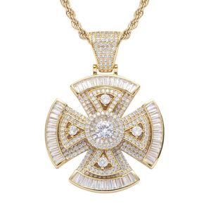 Rotary Diamond Cross Pendant Round Zircon Gold Silver Plated With Rope Tennis Chain Mens Bling Smycken Gift