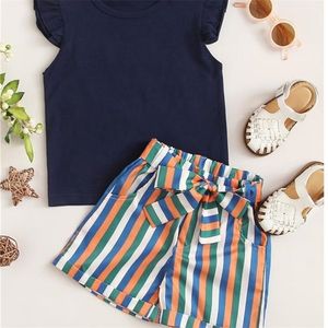 Terno de verão Crianças roupas Top + Stripe Short 2 Pcs Children's Girls Traje para 210528