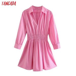Tangada mode kvinnor rosa skjorta klänning strethy midja vintage långärmad kontor damer miniklänning 3h439 210609