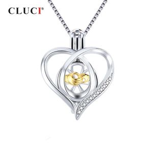 CLUCI 925 medalion dla kobiet Naszyjnik Biżuteria Dokonywanie 925 Sterling Silver Heart Cyrkon Pearl Cage Wisiorek SC362SB