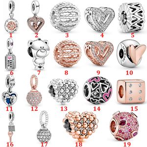 Echtes 925er Sterlingsilber für Pandora-Armband-Charms, Valentinstag, Roségold, helle, handbemalte Liebesperlen, Liebesherz, blaues Crysta-Charm für DIY-Perlen-Charms