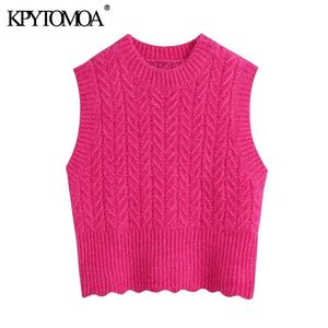 Kpytomoa Kobiety Moda Cropped Kamizelka Kabel Sweter Vintage O Neck Bez Rękawów Kobiet Kamizelka Chic Topy 210819