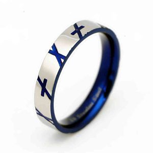 Band ringen speciale Koreaanse gepersonaliseerde enkele ring mode blauw snijwerk kruisleven titanium stalen heren en dames hand sieraden