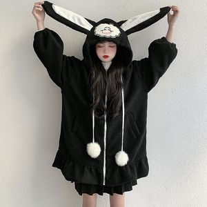 Kvinnors Fur Faux Japanska Mjuka Tjej Söt öron Hooded Tjock Lambswool Midi Lång Kvinnor Coat Zipper Kawaii Lolita Sleeve Vinter Outerwe