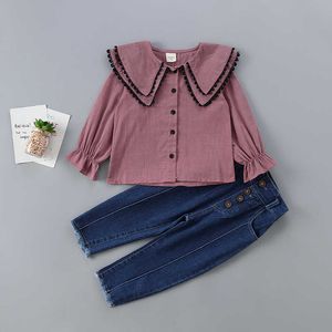 2-7 years high quality girl clothing set spring autumn fashion solid shirt + denim pant kid children 210615