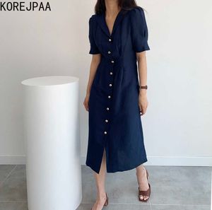 Korejpaaの女性のドレス夏の韓国のミニマリストの気質スーツの襟の金属単一乳房プリーツパフスリーブVestidos 210526